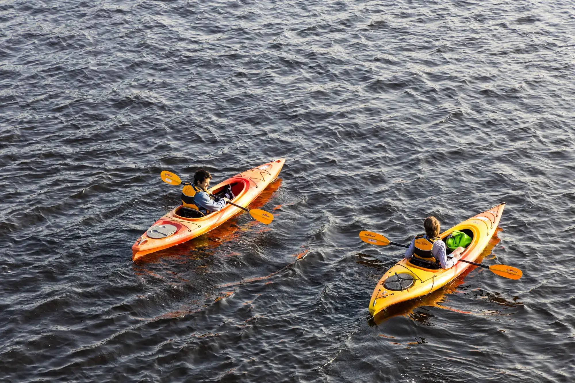 Two people kayaking in the river.