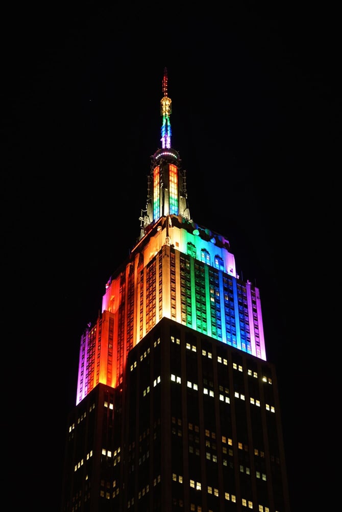 Empire State Building and NYC skyline featuring the Pride flag