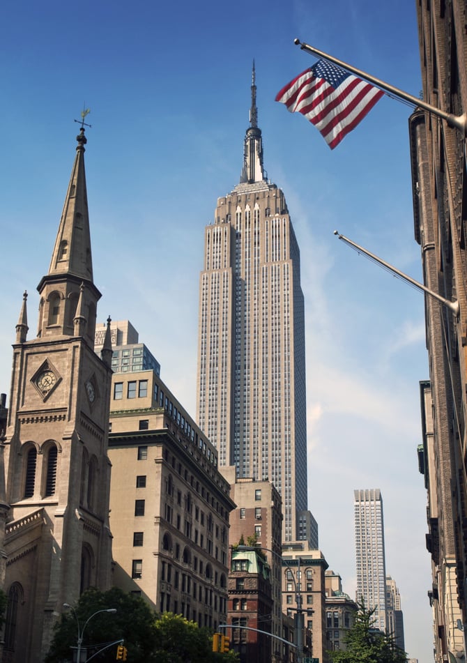 Midtown east buildings featuring the american flag